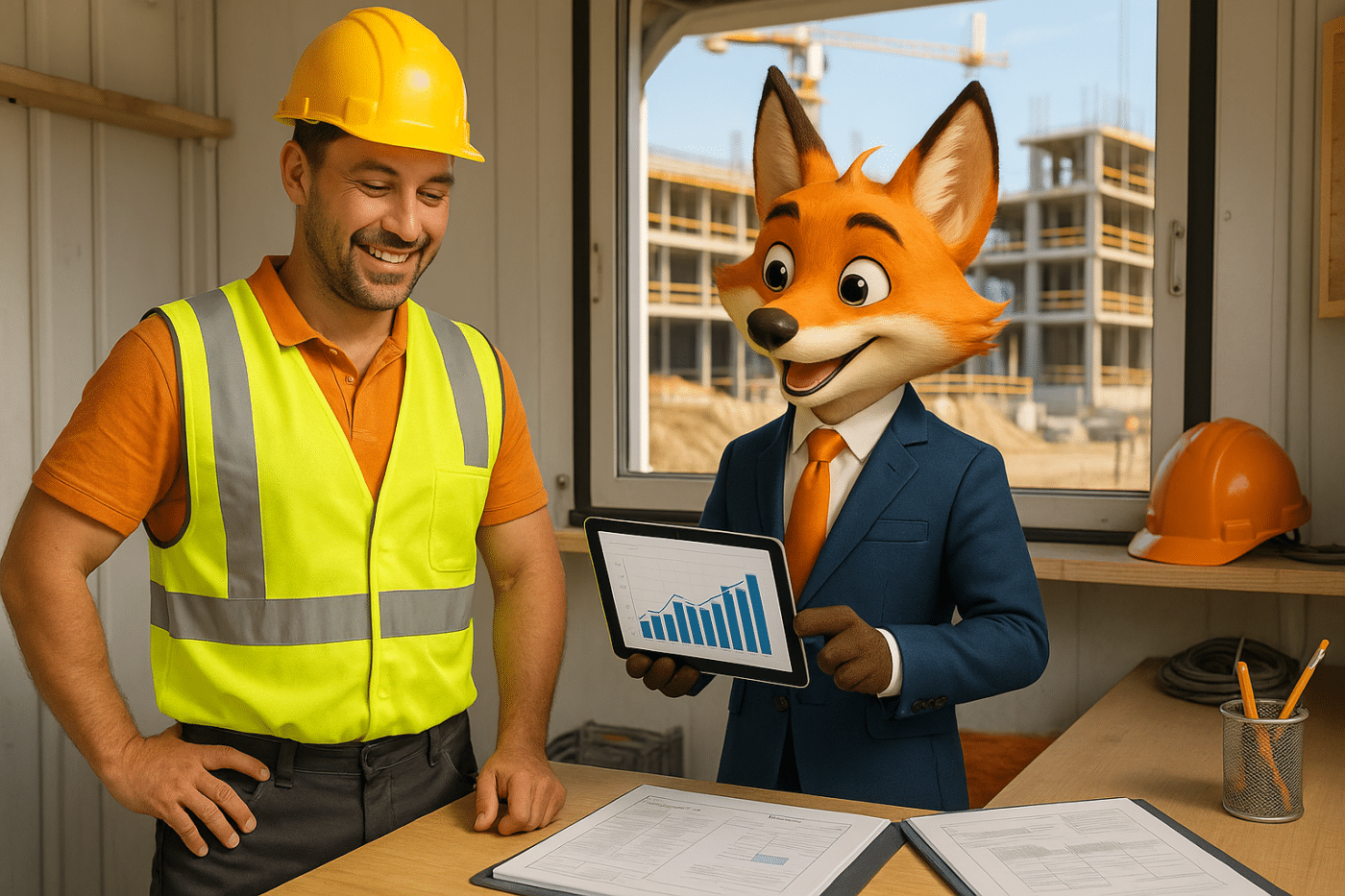 "Un expert-comptable en costume, représenté par un renard souriant, présente des données financières à un artisan du BTP portant un casque et un gilet haute visibilité, dans un bureau de chantier moderne et bien organisé."