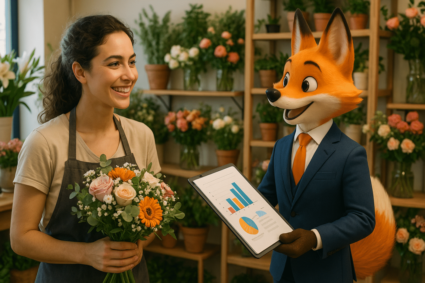 Un expert-comptable anthropomorphe en costume discute avec une jeune fleuriste souriante dans sa boutique, lui présentant un graphique sur une tablette, illustrant une relation de conseil personnalisée et de confiance.