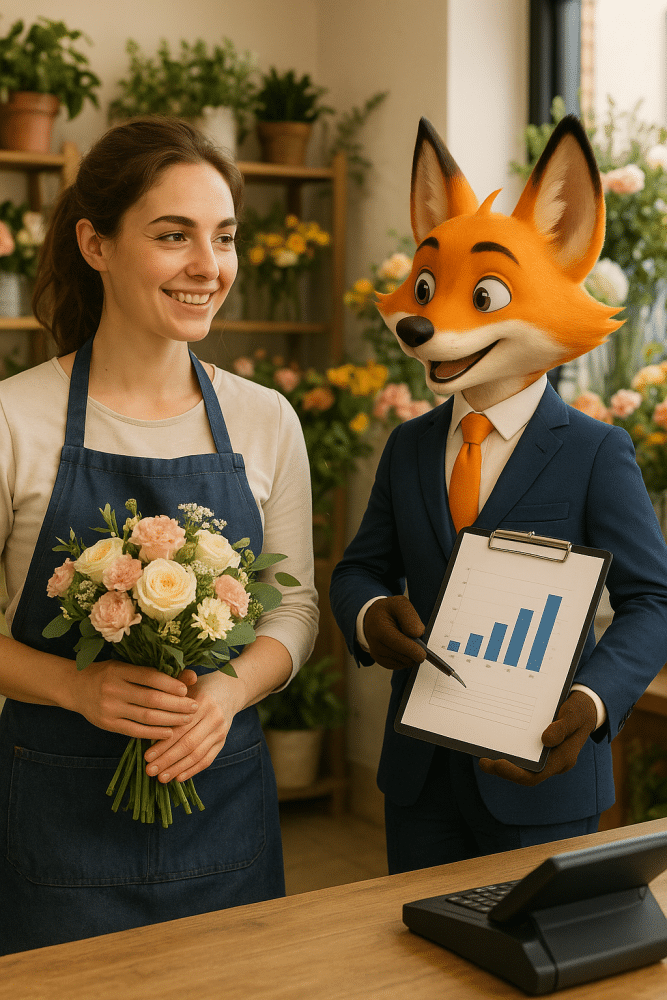 Un contabil antropomorf în costum discută cu o tânără florară zâmbitoare în magazinul său, prezentându-i un grafic pe o tabletă, ilustrând o relație de consiliere personalizată și bazată pe încredere.
