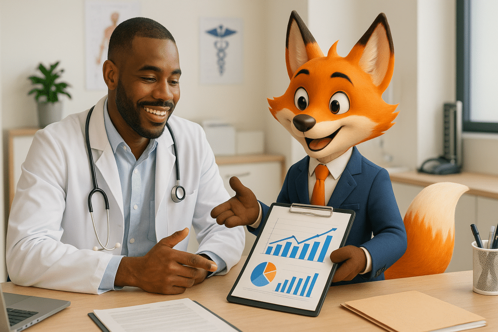 Un médecin souriant consulte des données financières présentées par un expert-comptable illustré sous la forme d’un renard en costume, dans un cabinet médical moderne et lumineux.