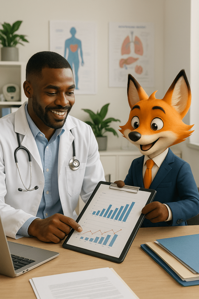 A smiling doctor looks at financial data presented by an accountant depicted as a fox in a suit in a bright, modern medical office.