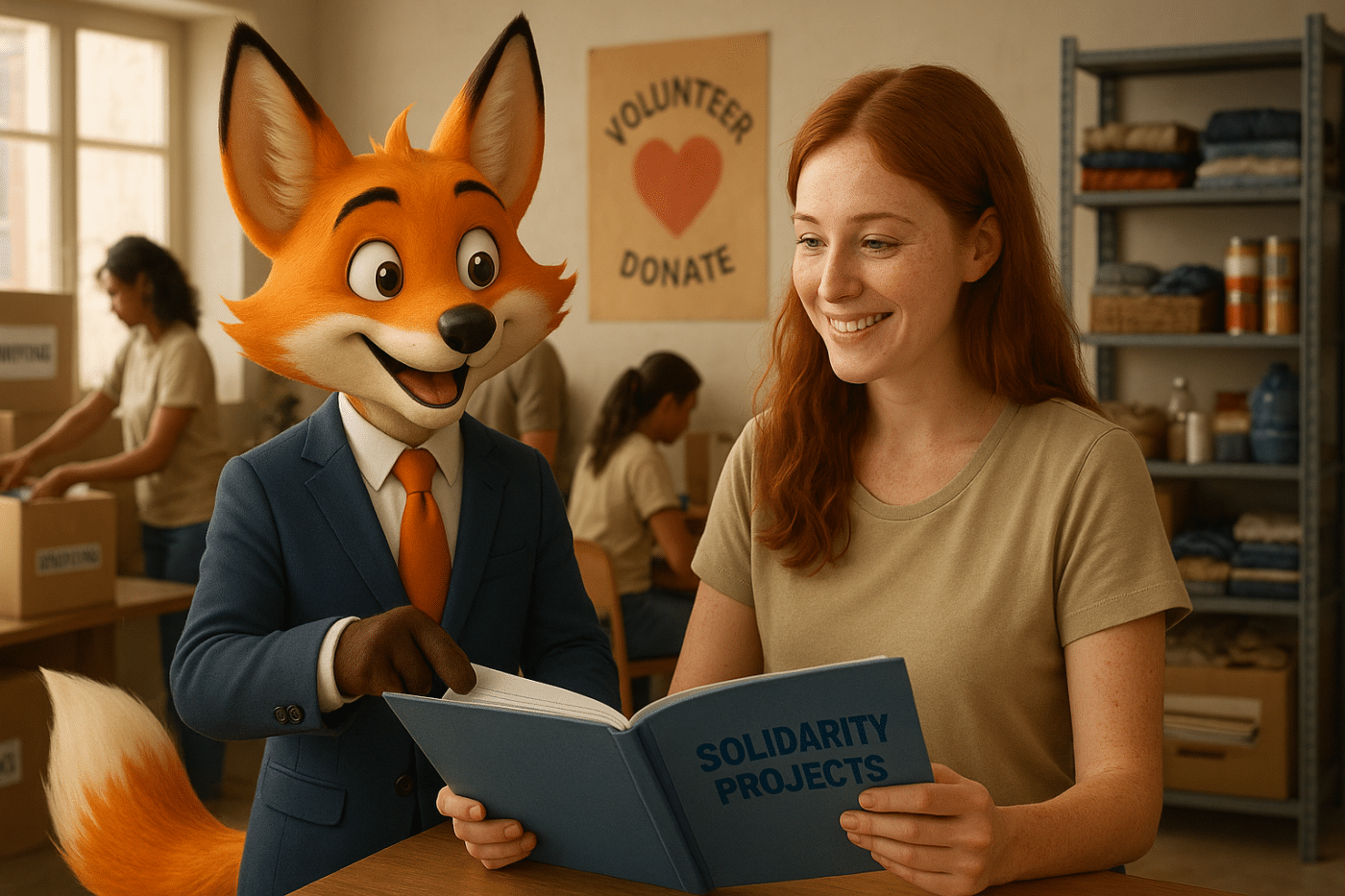 Renard expert-comptable souriant en costume aux côtés d'une jeune présidente d’association humanitaire, discutant d’un dossier de suivi de projets solidaires dans un local associatif lumineux et chaleureux.