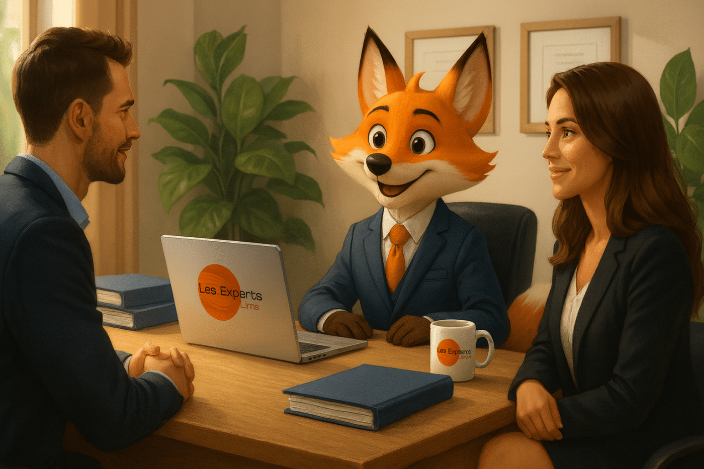 Renard mascotte en costume représentant un expert-comptable, assis derrière un bureau moderne avec un couple de clients, logo Les Experts Unis visible sur le mug et l’ordinateur portable, dans un cadre professionnel et chaleureux.