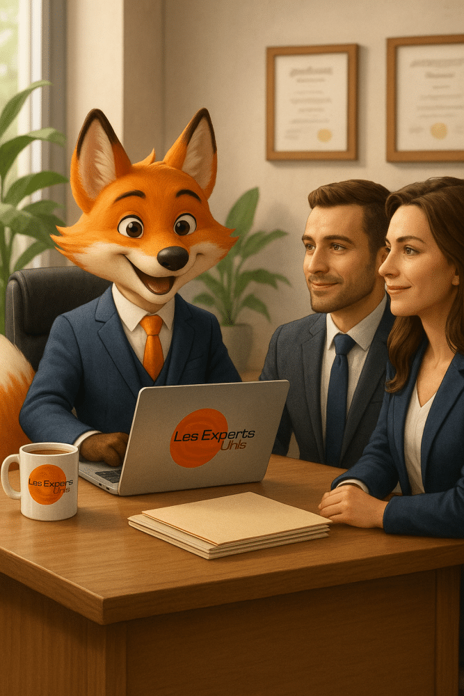 Mascota de zorro disfrazada que representa a un contador, sentado detrás de un escritorio moderno con un par de clientes, logotipo Les Experts Unis visible en la taza y la computadora portátil, en un entorno profesional y cálido.