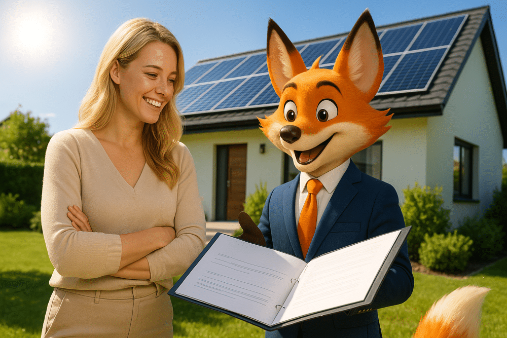 Femme entrepreneuse spécialisée en énergie solaire écoutant les conseils d’un expert-comptable représenté par un renard en costume, devant une maison moderne équipée de panneaux photovoltaïques.