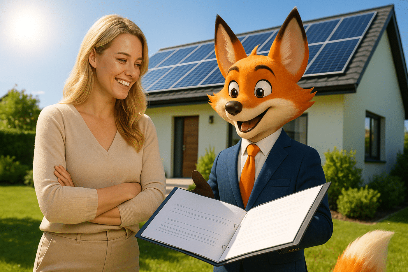 Femme entrepreneuse spécialisée en énergie solaire écoutant les conseils d’un expert-comptable représenté par un renard en costume, devant une maison moderne équipée de panneaux photovoltaïques.
