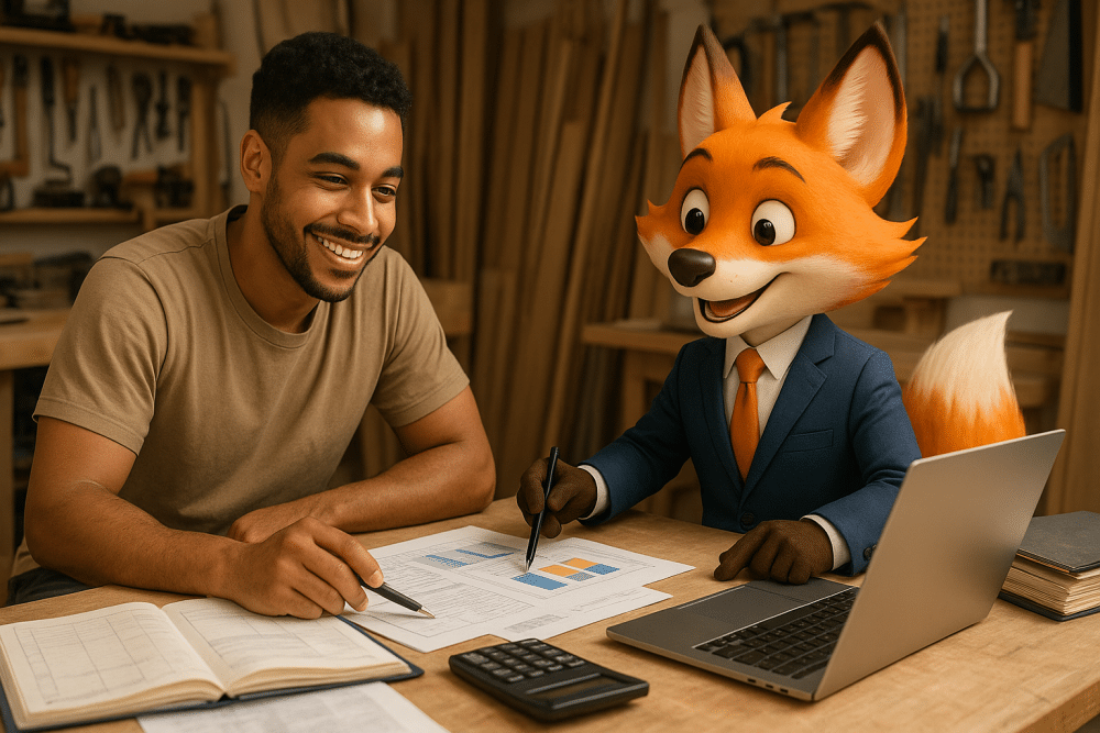 Un jeune artisan menuisier souriant consulte ses documents financiers dans son atelier avec l’aide d’un renard mascotte vêtu d’un costume, représentant un expert-comptable. Ils analysent ensemble des graphiques colorés sur ordinateur et des tableaux imprimés.