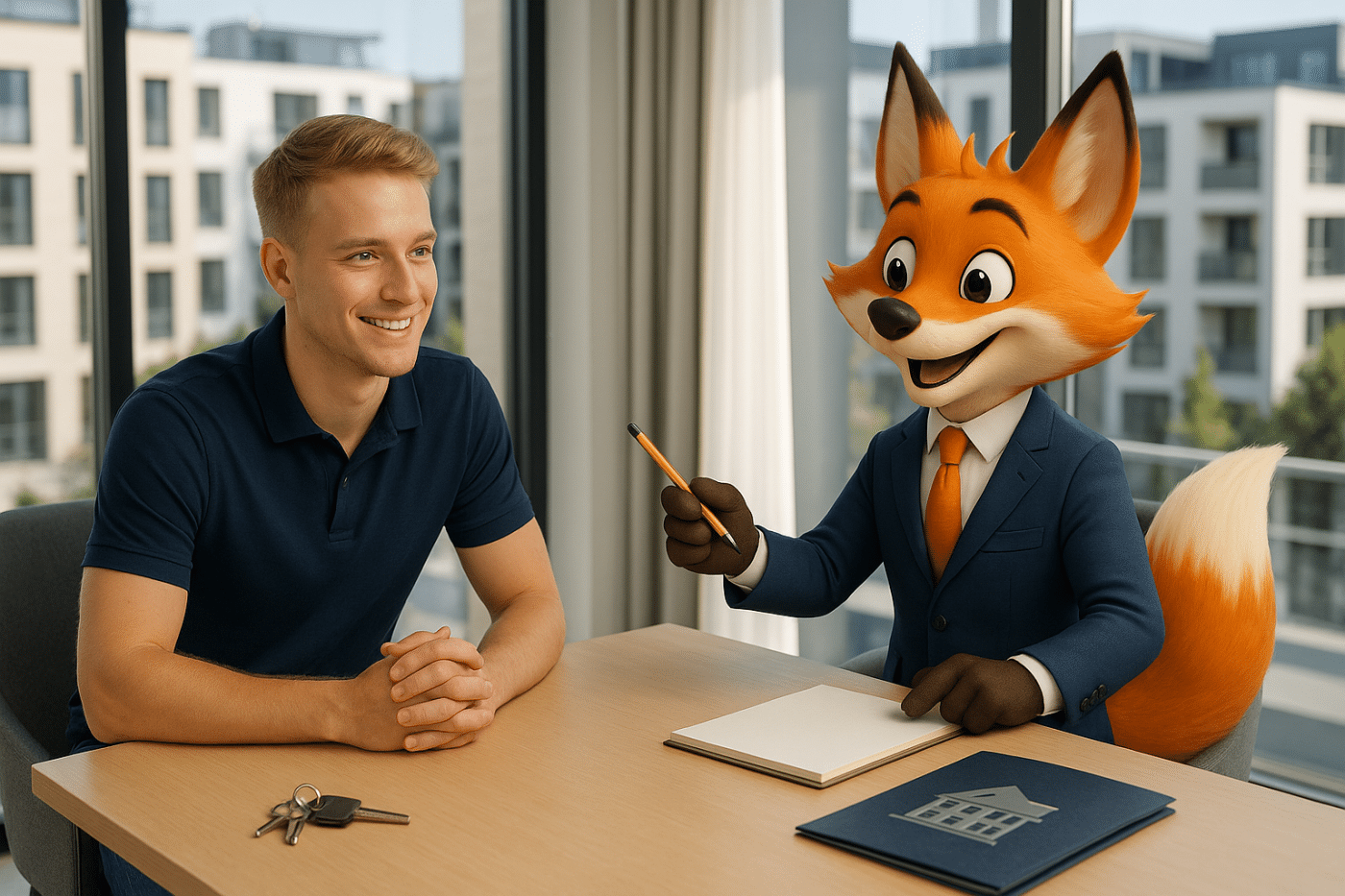 Jeune investisseur immobilier souriant en discussion avec un expert-comptable illustré par un renard professionnel, dans un bureau moderne et lumineux avec des documents et des clés visibles.
