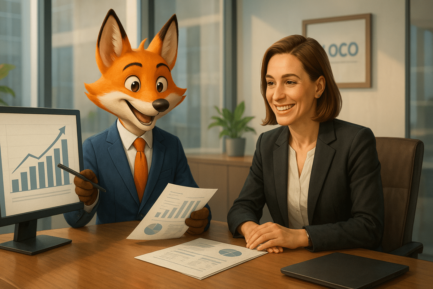 Renard expert-comptable en costume donnant des conseils financiers à une cheffe d'entreprise dans un bureau moderne avec graphiques à l’écran.