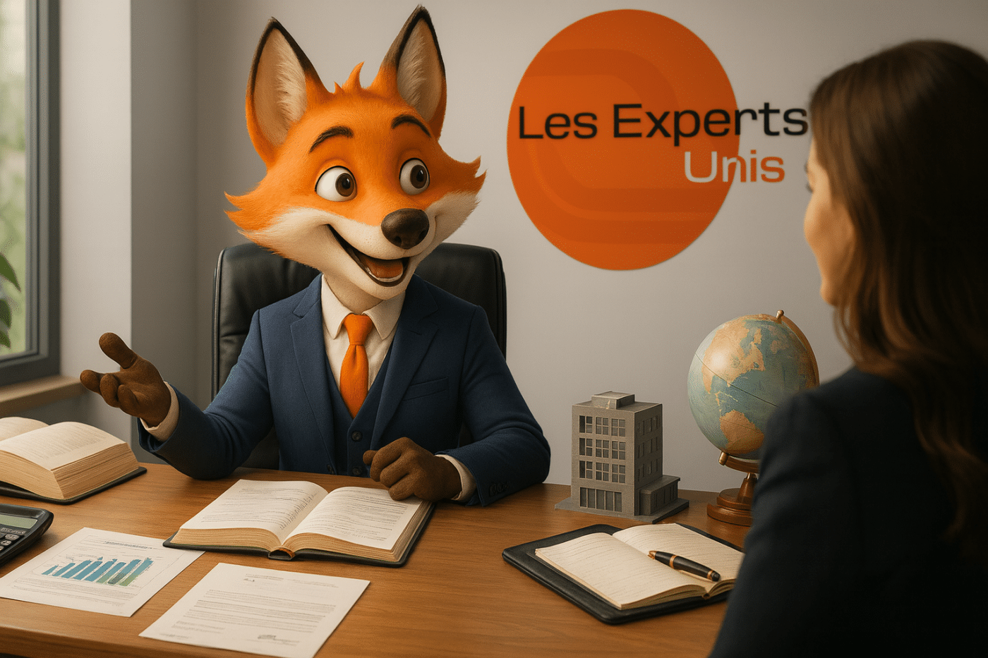 Renard professionnel en costume donnant des conseils à un client dans un cabinet d’expertise comptable Les Experts Unis, avec des documents de gestion, paie et fiscalité sur un bureau moderne.