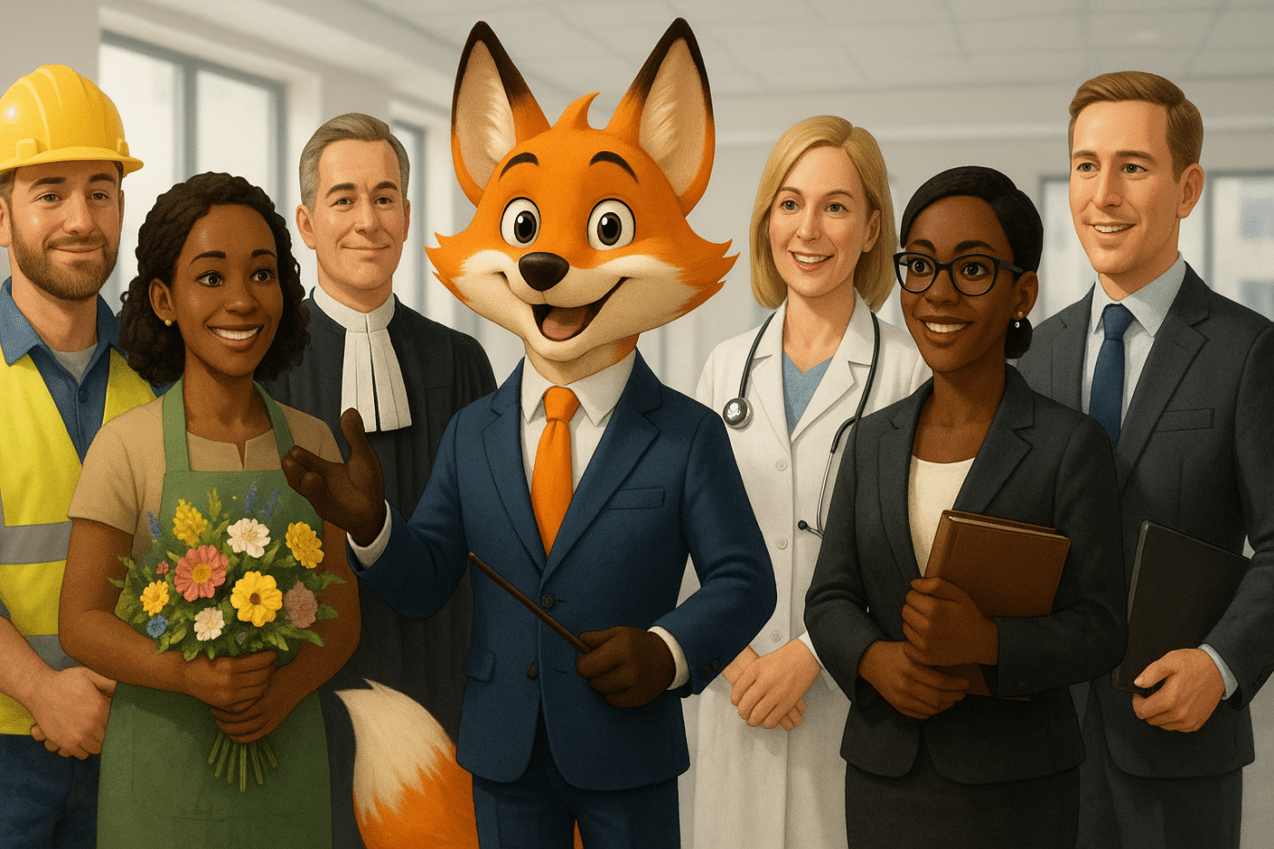 Illustration d’un renard expert-comptable en costume entouré de professionnels variés (BTP, médecin, fleuriste, avocat, artiste...) représentant la diversité des métiers accompagnés par le cabinet Les Experts Unis.