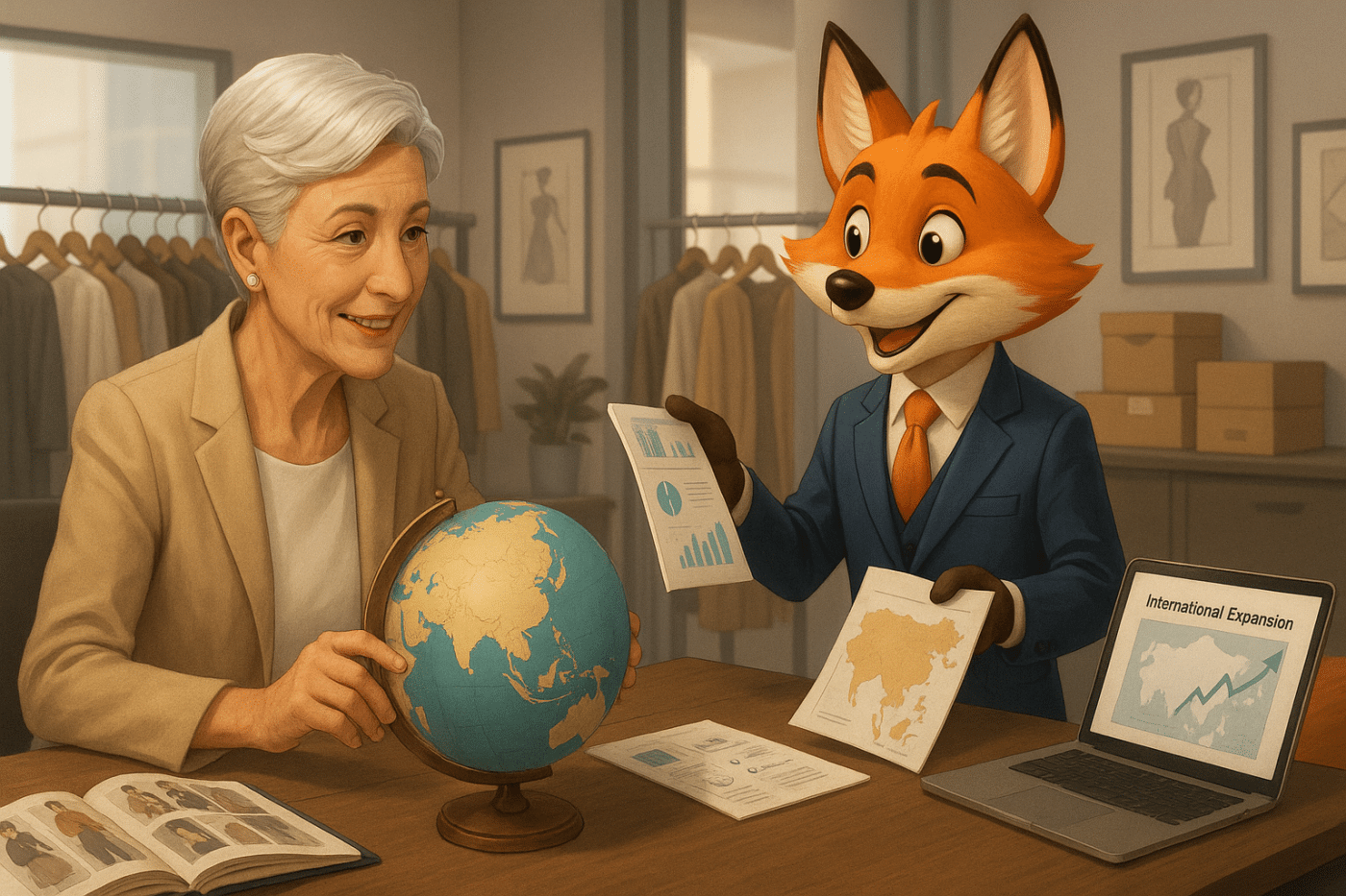 Une experte-comptable accompagne une cheffe d’entreprise dans sa stratégie de développement international en Asie, avec des documents, un globe terrestre et un ordinateur affichant un plan de croissance.