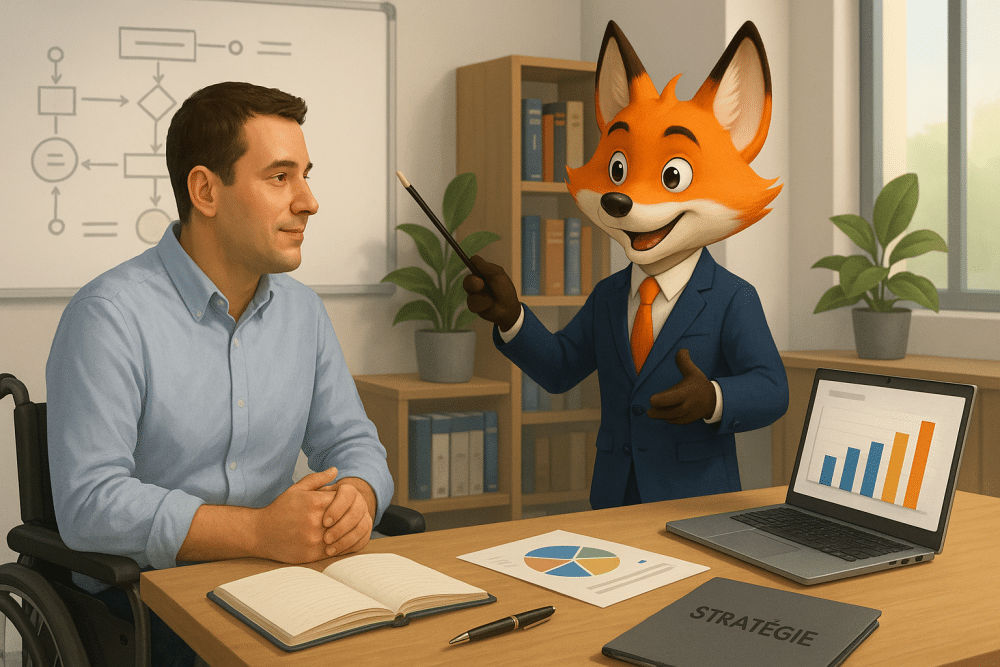 Renard mascotte en costume conseillant un dirigeant en fauteuil roulant dans un bureau moderne, avec graphique de performance et dossier stratégie — illustration d’un cabinet d’expertise comptable engagé et accessible