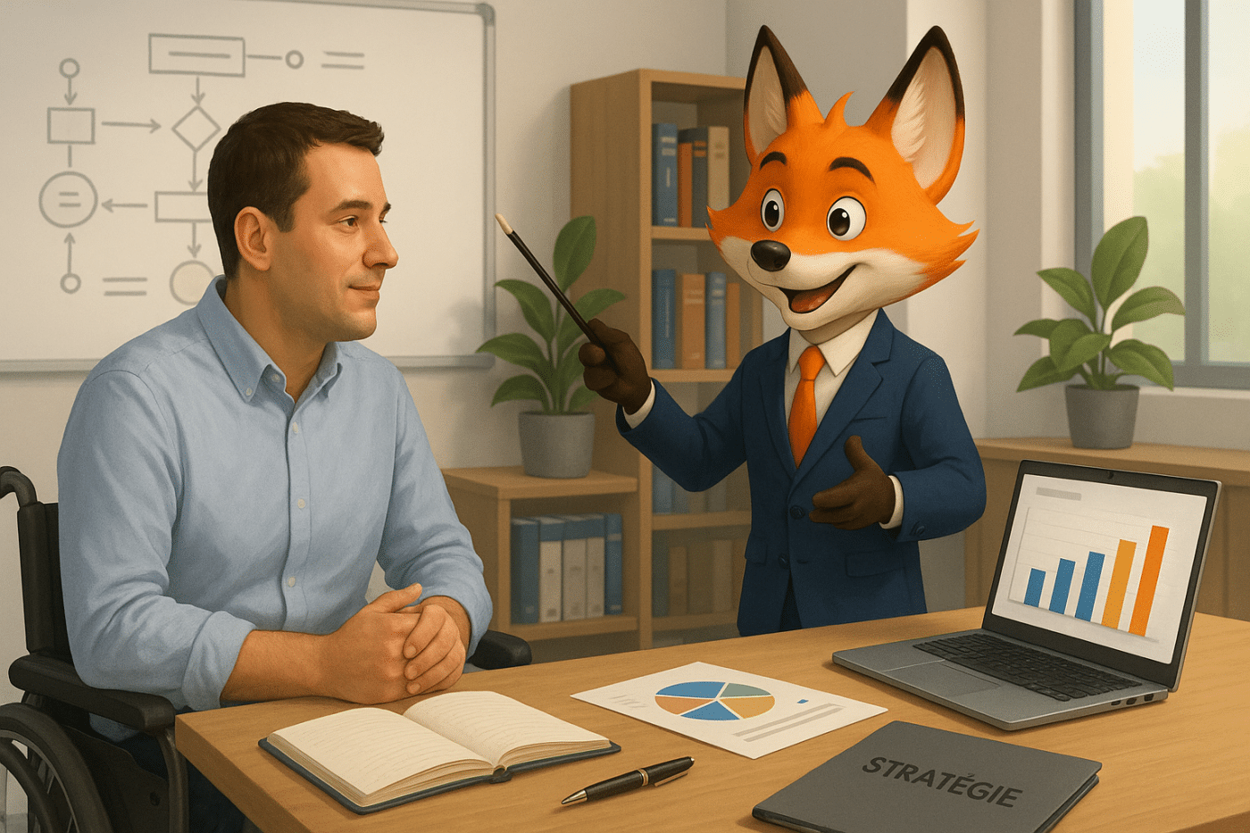 Renard mascotte en costume conseillant un dirigeant en fauteuil roulant dans un bureau moderne, avec graphique de performance et dossier stratégie — illustration d’un cabinet d’expertise comptable engagé et accessible