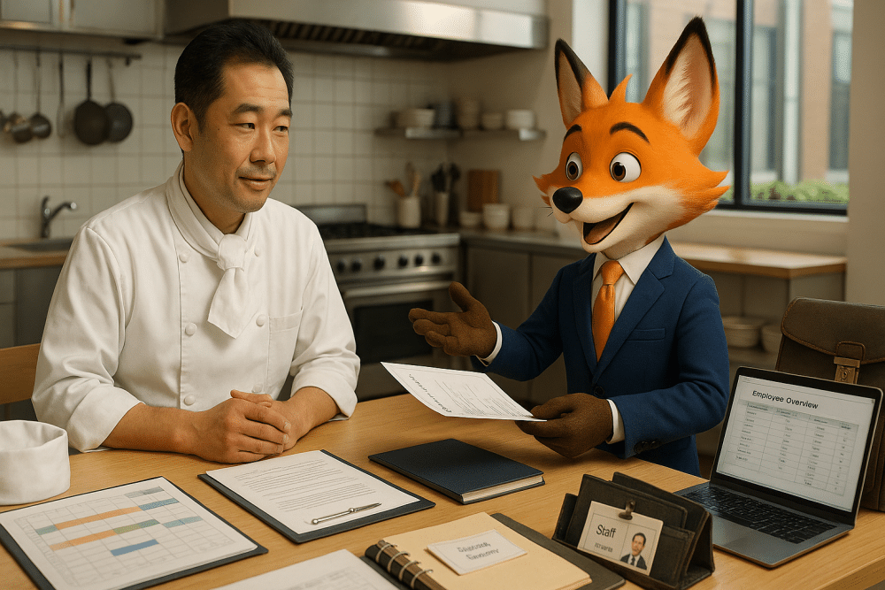 Renard expert-comptable en costume conseillant un chef cuisinier japonais sur l'embauche d'un stagiaire, avec documents RH et planning sur la table, dans un restaurant moderne.