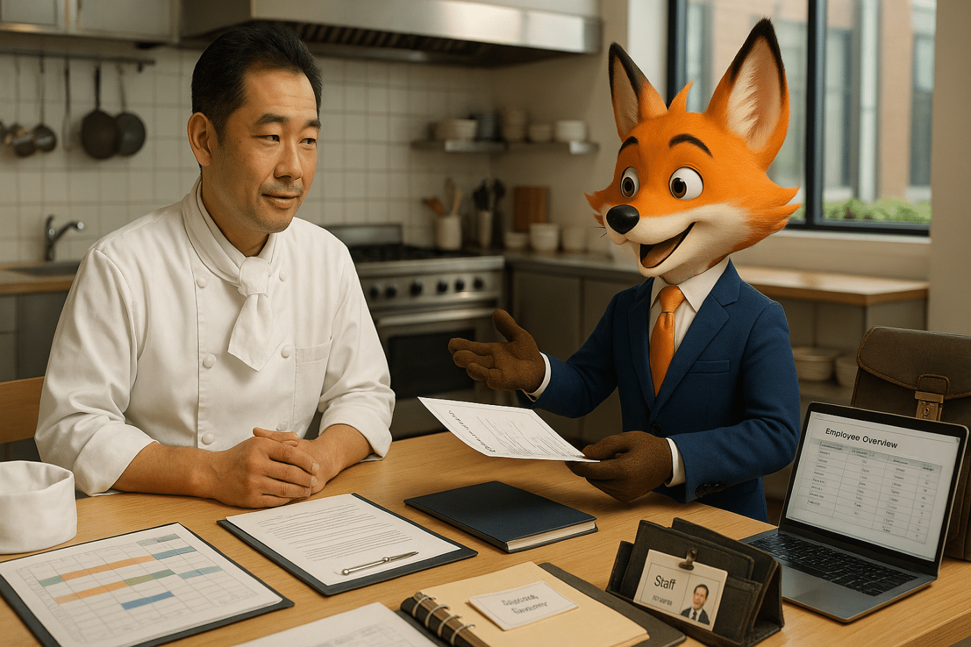Renard expert-comptable en costume conseillant un chef cuisinier japonais sur l'embauche d'un stagiaire, avec documents RH et planning sur la table, dans un restaurant moderne.