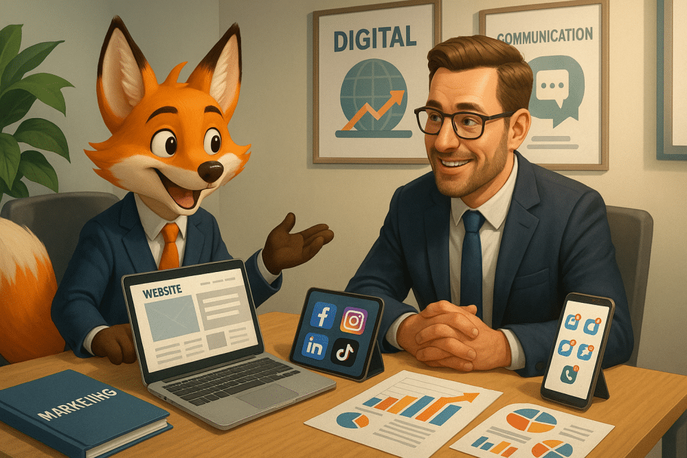Renard mascotte représentant un expert-comptable qui accompagne un chef d’entreprise sur sa stratégie de communication digitale.
