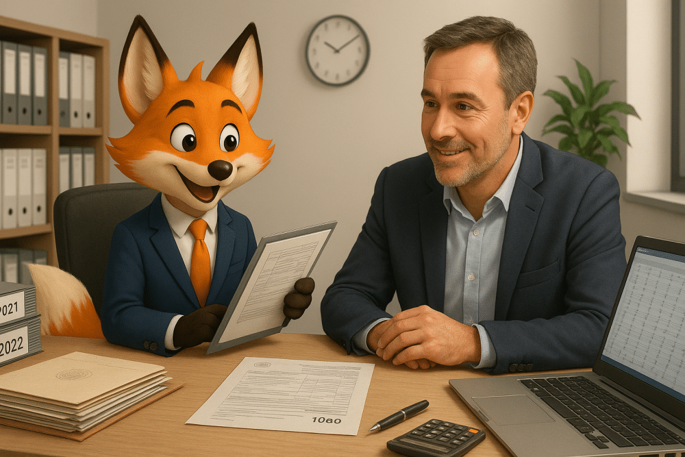 Renard mascotte des Experts Unis, en costume, expliquant un dossier fiscal à un homme en tenue professionnelle dans un bureau moderne.