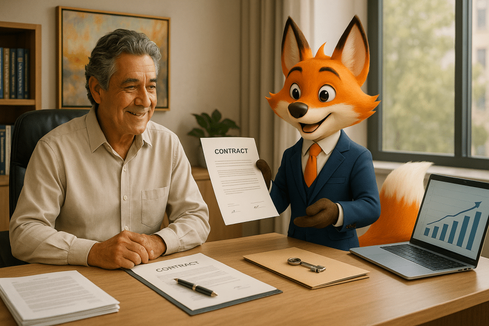 Un expert-comptable symbolisé par un renard accompagne un chef d'entreprise senior dans la cession de son entreprise, dans un bureau professionnel.