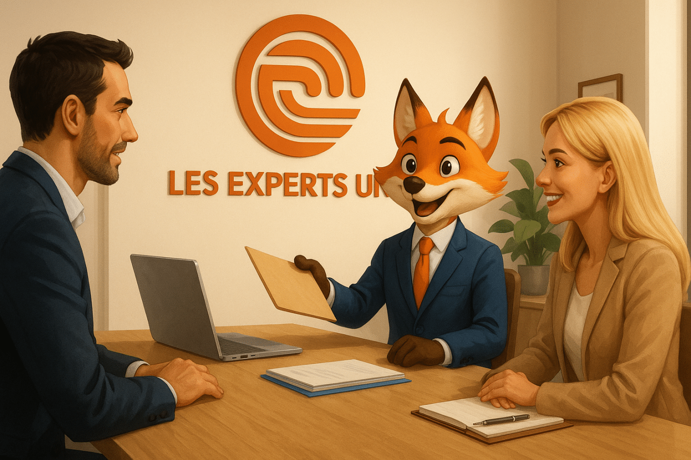 Renard mascotte en costume représentant un expert-comptable, assis derrière un bureau moderne avec un couple de clients, logo Les Experts Unis visible sur le mug et l’ordinateur portable, dans un cadre professionnel et chaleureux.