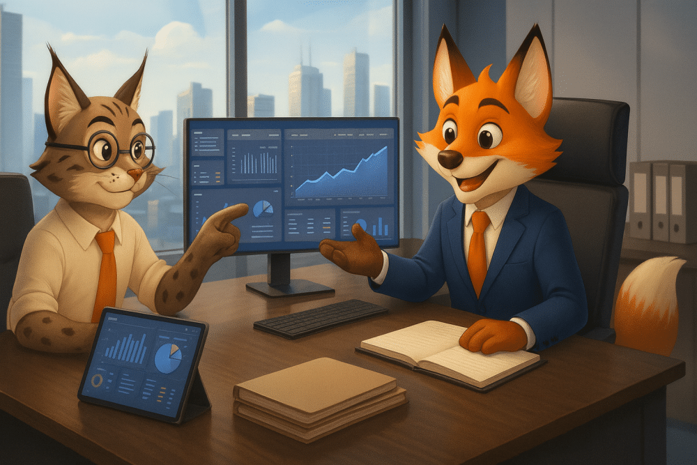 Renard expert-comptable en costume bleu expliquant des graphiques financiers à un client dans un bureau moderne