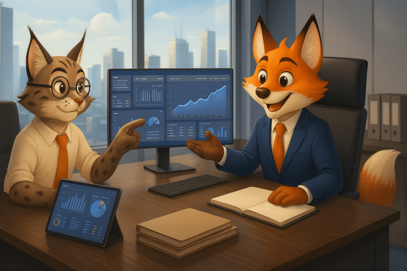 Renard expert-comptable en costume bleu expliquant des graphiques financiers à un client dans un bureau moderne