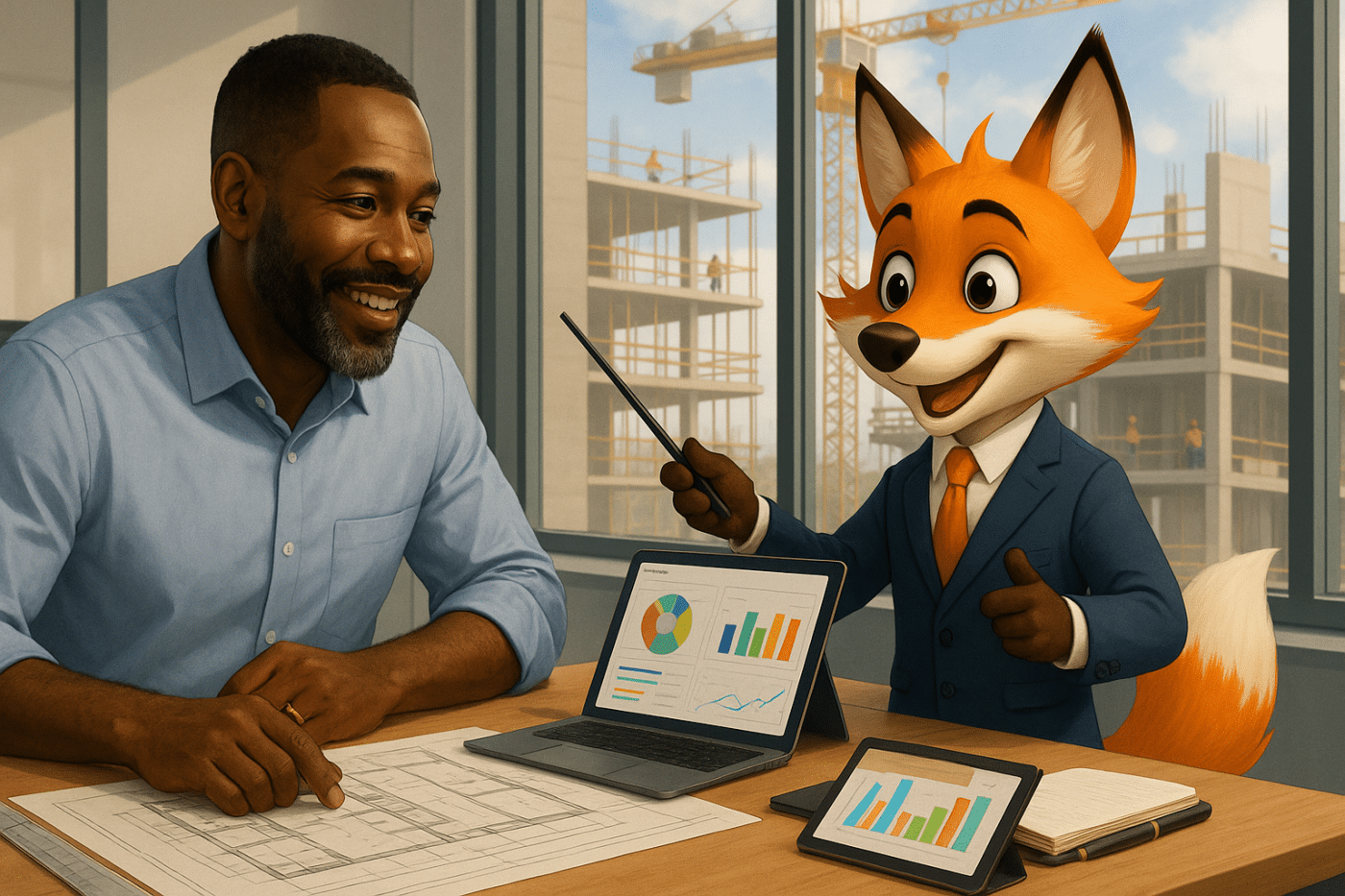 Un expert-comptable représenté par un renard en costume accompagne un entrepreneur du BTP dans un bureau moderne avec plans d’architecte et graphiques de performance.