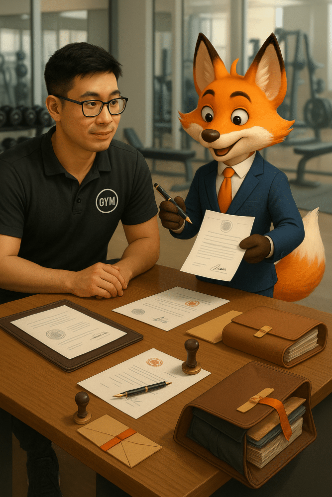 La mascota de Fox disfrazada explica documentos legales a un entrenador deportivo de una empresa de contabilidad.