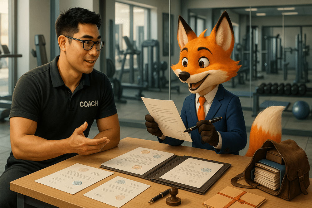 Renard mascotte en costume explique des documents juridiques à un coach sportif dans un cabinet d’expertise comptable