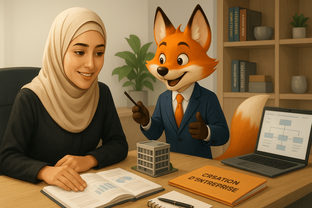 Mascotte renard en costume aidant une jeune entrepreneuse voilée à créer son entreprise dans un bureau de cabinet comptable