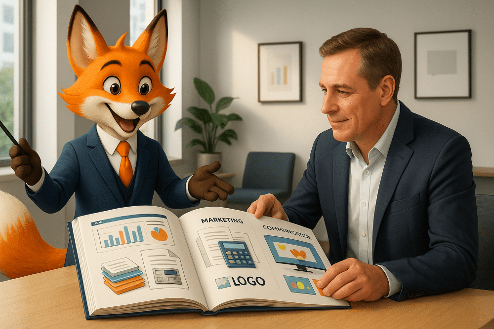 Un expert-comptable illustré sous forme de renard en costume présente un catalogue de services à un chef d'entreprise dans un bureau moderne