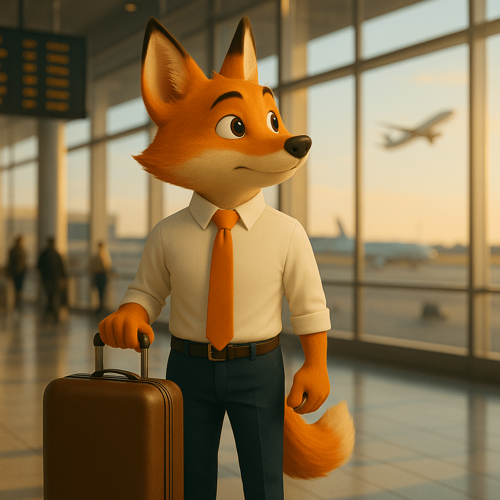 Renard en costume professionnel dans un aéroport, tenant une valise et regardant un avion au lever du soleil — représentation de l’accompagnement international et de la stratégie comptable du cabinet.