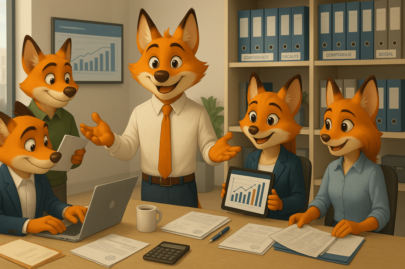 Illustration d’une équipe d’experts comptables représentés par des renards anthropomorphes travaillant ensemble dans un bureau moderne et lumineux, symbolisant la rigueur, la collaboration et la bienveillance du cabinet Les Experts Unis