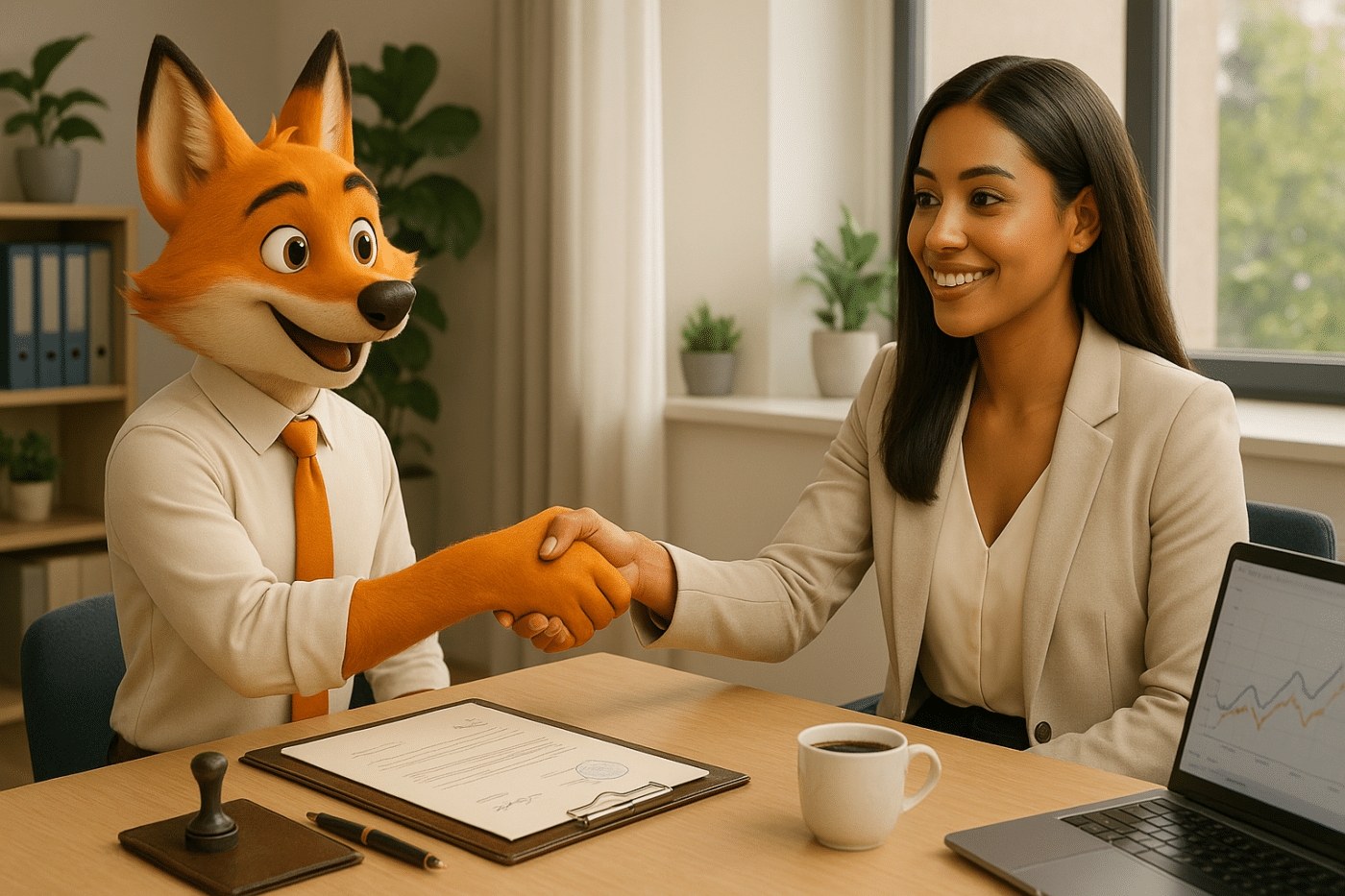 Renard anthropomorphe en costume, symbole du cabinet Les Experts Unis, serrant la main d’une cliente dans un bureau lumineux et moderne. Image illustrant la confiance, la proximité et l’accompagnement humain d’un cabinet d’expertise comptable.