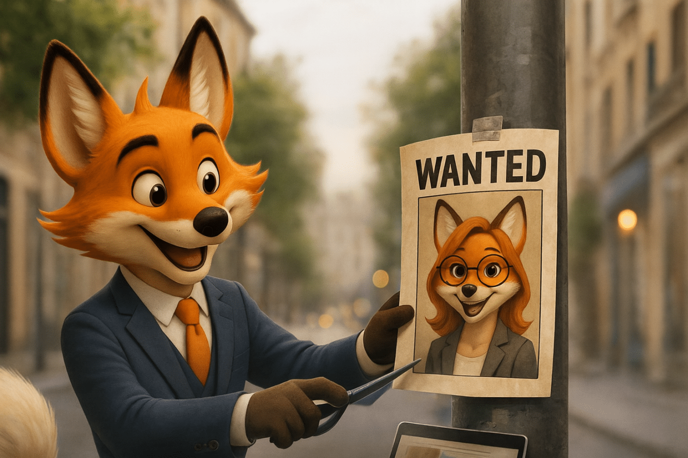 Mascotte renard en costume affichant un poster “Wanted” d’une renarde professionnelle, illustration utilisée par Les Experts Unis pour représenter leur accompagnement comptable de façon pédagogique et accessible.