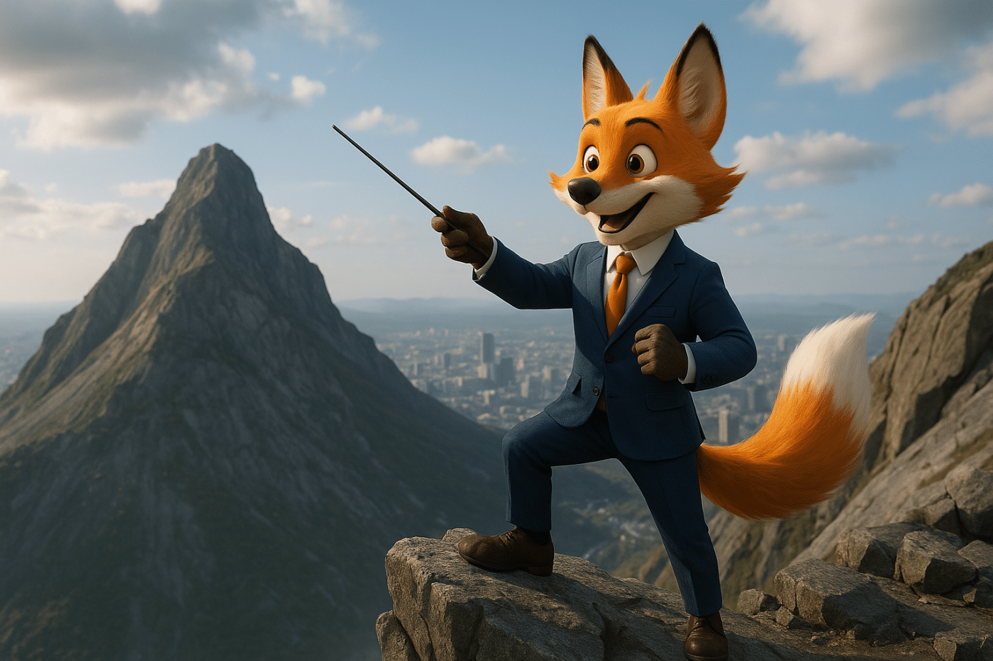 Renard expert-comptable en costume bleu pointant vers une montagne, symbolisant la réussite et la motivation à surmonter les défis.