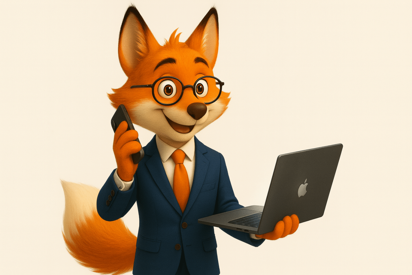 Mascotte renard Les Experts Unis en costume, parlant au téléphone tout en utilisant un ordinateur portable, représentant l’accompagnement professionnel d’un cabinet d’expertise comptable.