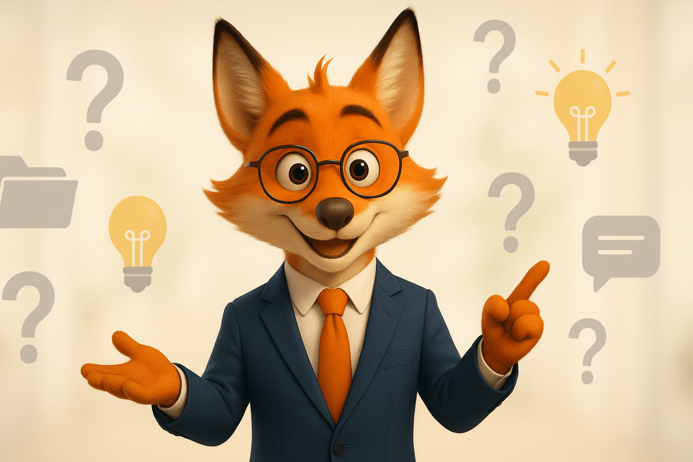 Mascotte Renard des Experts Unis répondant à des questions, avec des icônes de FAQ en arrière-plan, illustrant l’accompagnement client et les réponses pédagogiques du cabinet d’expertise comptable.